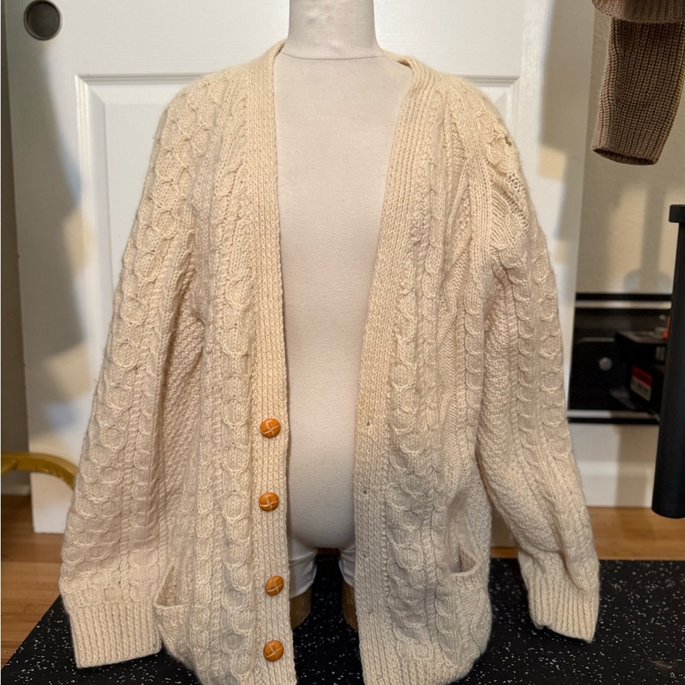 Vintage John Molloy Wool Chunky Cream Cable Knit Cardigan with Oversized Fit